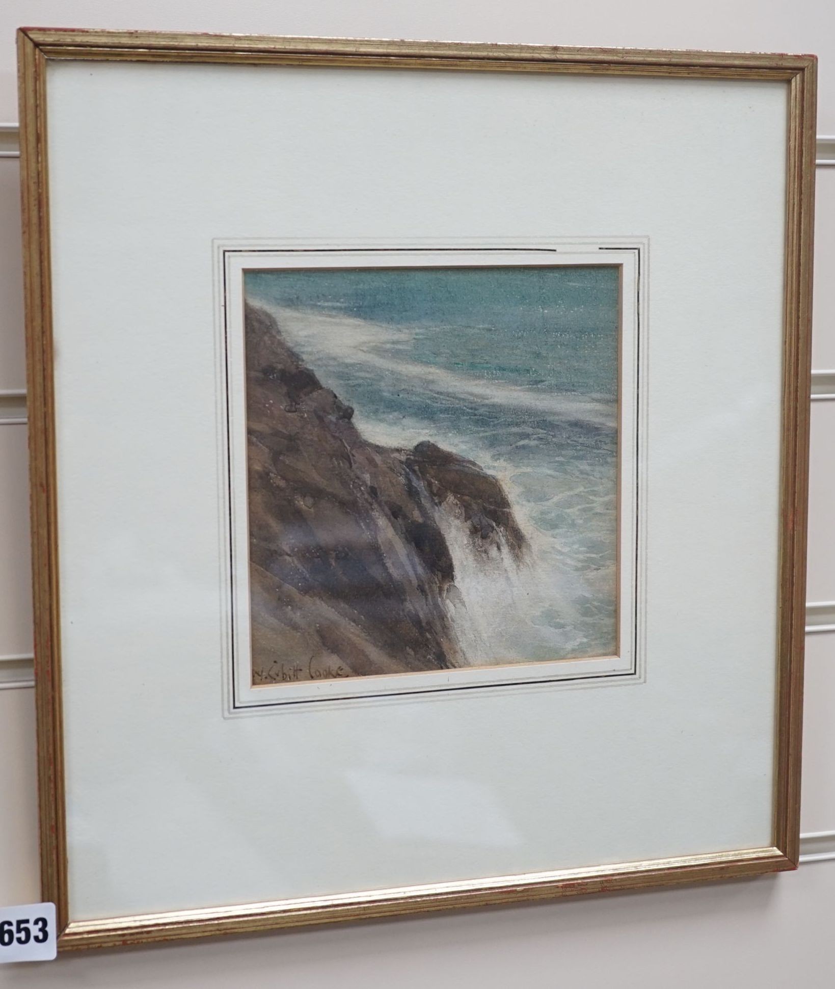 William Cubitt Cooke (1866-1951), watercolour, 'Cliffs and Sea, Cornwall', signed, 16 x 15cm